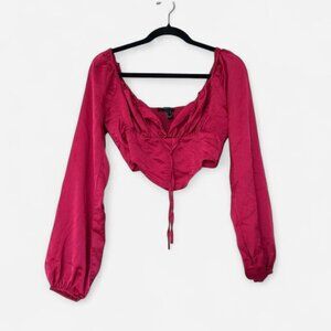 Forever 21 Pink Satin Crop Top Women's Small Long Sleeve‎ Party Blouse
